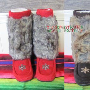 BARBO BOOTS LADIES FAUX SUEDE & FAUX FUR BOOT RED & BROWN BRAND NEW IN BOX SIZE